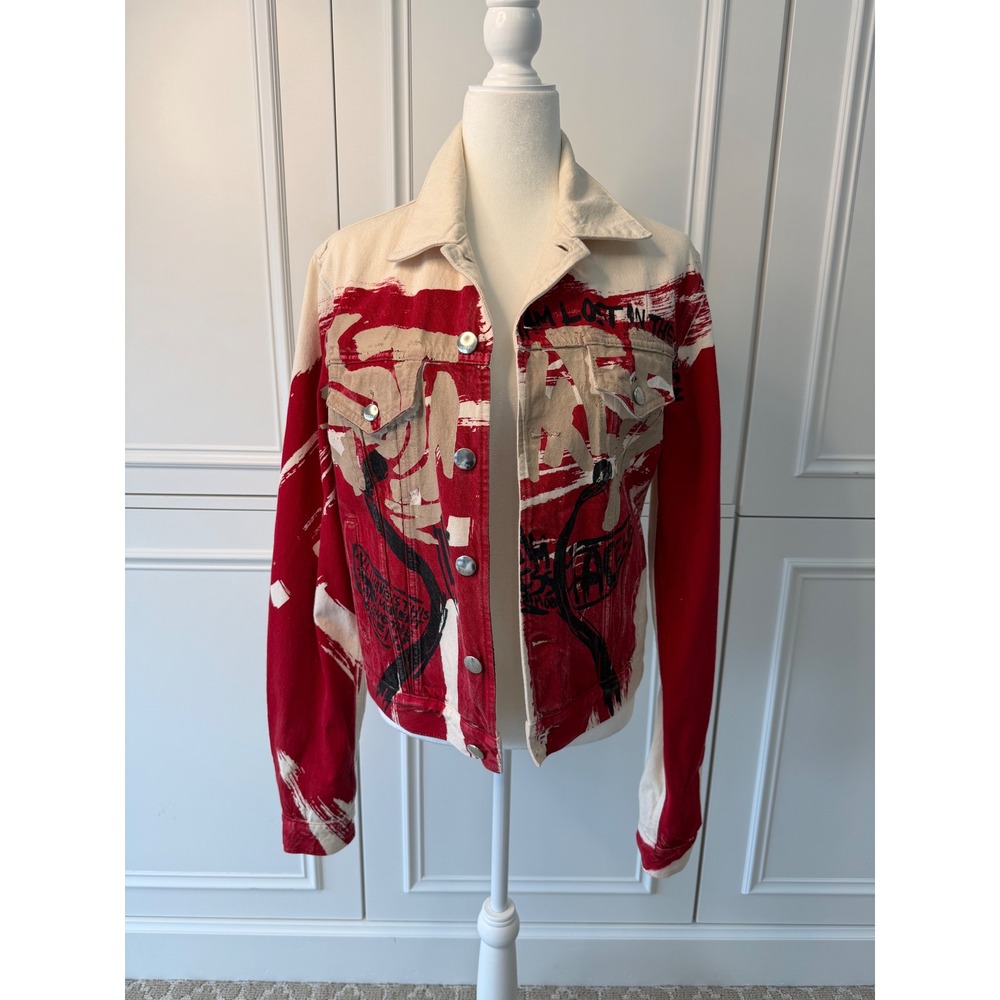 Marni Denim Jacket Womens 44 IT Cream Red Abstract Graphic Italy NWT